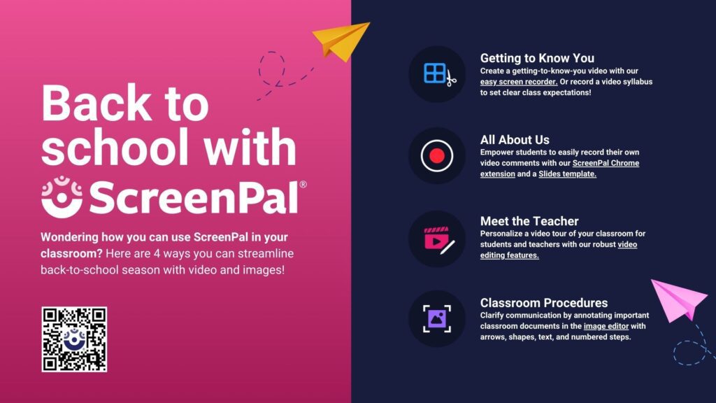 Back to School with ScreenPal interactive tool kit PDF- includes links to screen recorder tutorial, Chrome extension for video messaging, a Google Slides template for ice breakers, video editing tutorial and image editing tutorial.