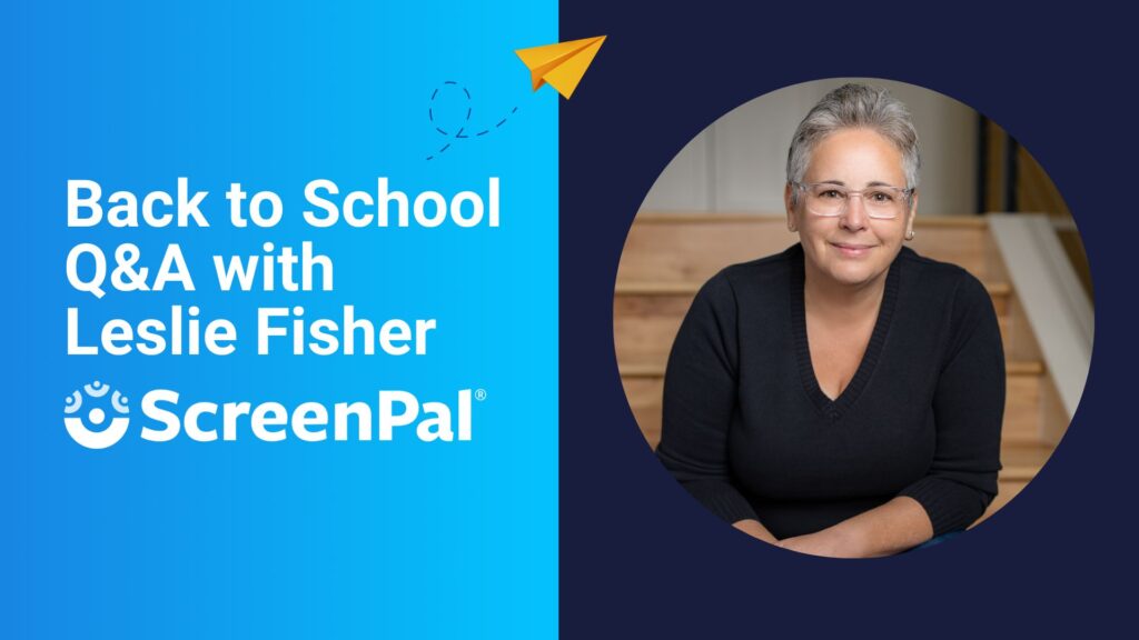 Back-to-School webinar promotional image with Leslie Fisher's picture on the right hand side. Yellow paper airplane flying across the middle of the image.
